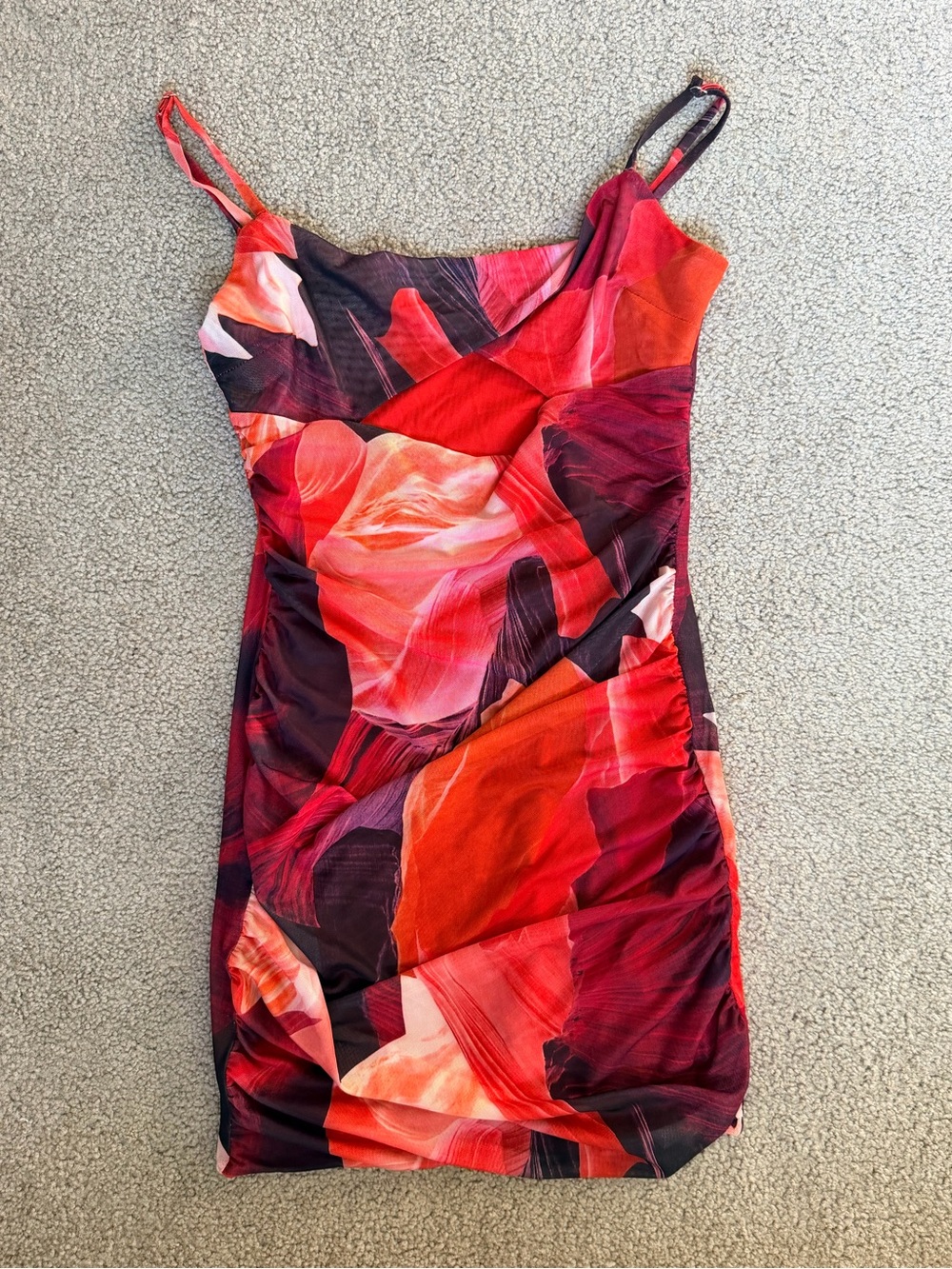 Red Floral Print Ruched Slip Dress